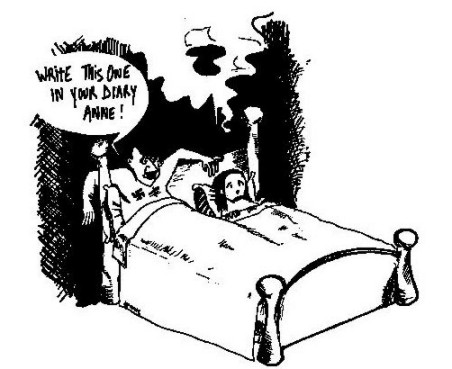 Photo: AEL cartoon Hitler and Anne Frank in bed 'Write this in your diary Anne Frank