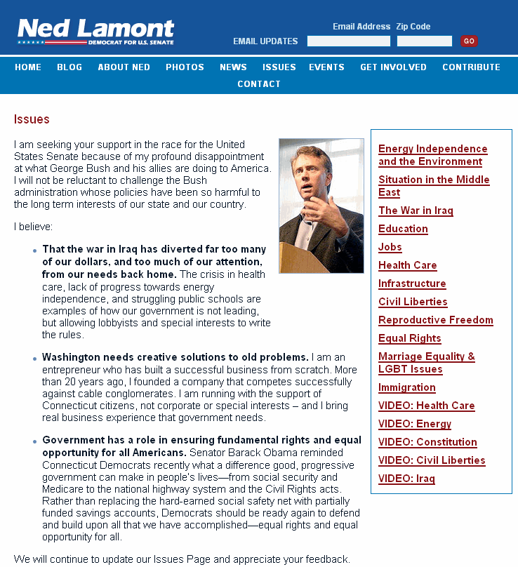 Ned Lamont Senate Campaign Issues Page Ned Lamont Senate Campaign Issues Page