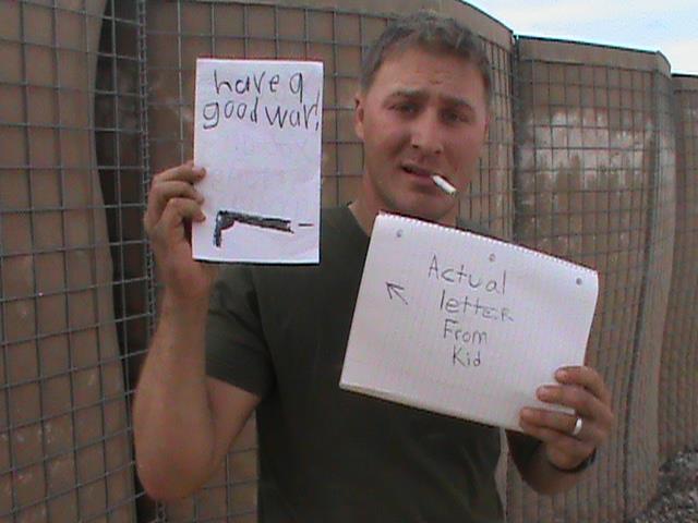 Little kid completely half-asses his letter to a soldier in combat.