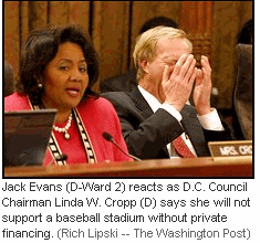 Photo: Jack Evans (D-Ward 2) reacts as D.C. Council Chairman Linda W. Cropp (D) says she will not support a baseball stadium without private financing. (Rich Lipski -- The Washington Post) 