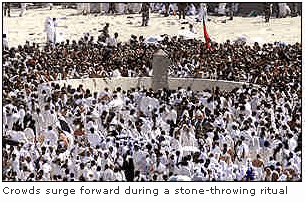 Photo: Crowds surge forward during a stone-throwing ritual 2001 Mecca stampede. 