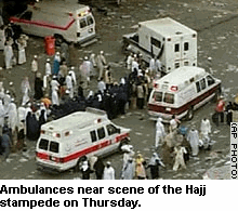 Photo: Ambulances near scene of the Hajj stampede on Thursday. 2006 Mecca stampede. 