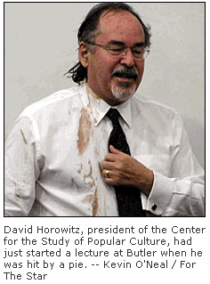 Photo: David Horowitz, president of the Center for the Study of Popular Culture, had just started a lecture at Butler when he was hit by a pie. -- Kevin O'Neal / For The Star