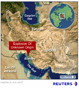Photo: A fuel tank falling from an Iranian plane could have caused an explosion in Iran's Bushehr province, where the country is building a nuclear power plant, Iran state television said on February 16, 2005. The Arabic-language channel Al-Alam also quoted other witnesses as saying that an unknown aircraft fired a missile in a deserted area near the southern city of Dailam, which is in Bushehr province. 