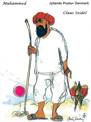 Danish Muslim Cartoons Muhammad as a peaceful wanderer, in the desert, at sunset. There is a donkey in the background.