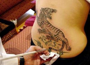 A close up shows U.S. actress Angelina Jolie getting a tattoo of a tiger from Thai artist Sompong Kanphai during her visit to Bangkok on July 8, 2004. Jolie was in Thailand after her visit to Cambodia. Picture taken July 8, 2004. THAILAND OUT NO SALES NO ARCHIVES REUTERS/Nation