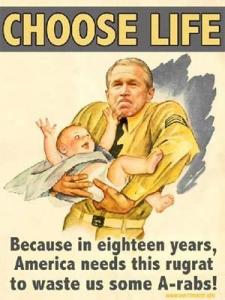 DailyKos cartoon of Bush in Nazi uniform holding baby with caption Because in 18 years we need this rugrat to waste us some A-Rabs