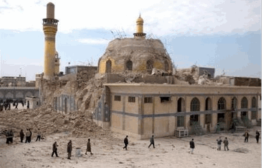 Photo Iraqis walk past the damaged shrine following an explosion in Samarra, 95 kilometers (60 miles) north of Baghdad, Wednesday, Feb. 22, 2006. A large explosion Wednesday heavily damaged the golden dome of one of Iraq's most famous Shiite religious shrines, sending protesters pouring into the streets. It was the third major attack against Shiite targets in as many days. (AP Photo/Hameed Rasheed)