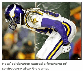 Photo: Randy Moss' celebration caused a firestorm of controversy after the game.