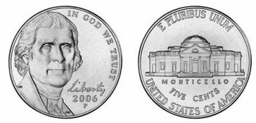 Photo: These images provided by the U.S. Mint show the front and reverse of the 2006 Thomas Jefferson nickel. The Mint plans to begin shipping 80 million of the five-cent coins on Thursday, Jan. 12. They will be the first of an estimated 1 billion new nickels which will be put into circulation over the next year. (AP Photo/US Mint)