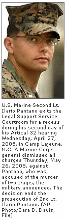 Photo: U.S. Marine Second Lt. Ilario Pantano exits the Legal Support Service Courtroom for a recess during his second day of his Artical 32 hearing Wednesday, April 27, 2005, in Camp Lejeune, N.C. A Marine Corps general dismissed all charges Thursday, May 26, 2005, against Pantano, who was accused of the murder of two Iraqis, the military announced. The decision ends the prosecution of 2nd Lt. Ilario Pantano. (AP Photo/Sara D. Davis, File)