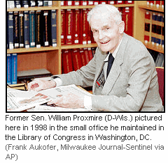 Photo: Former Sen. William Proxmire (D-Wis.) pictured here in 1998 in the small office he maintained in the Library of Congress in Washington, DC. (Frank Aukofer, Milwaukee Journal-Sentinel via AP)