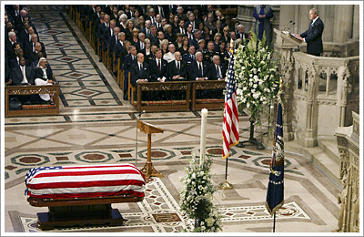 'Ronald Reagan belongs to the ages now, but we preferred it when he belonged to us,' says President Bush in eulogy. (AP)