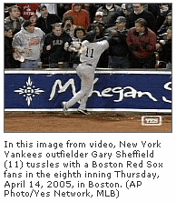 Photo:In this image from video, New York Yankees outfielder Gary Sheffield (11) tussles with a Boston Red Sox fans in the eighth inning Thursday, April 14, 2005, in Boston. (AP Photo/Yes Network, MLB)