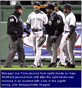 Photo: Manager Joe Torre (second from right) checks on Gary Sheffield (second from left) after the right fielder was involved in an incident with a fan in the eighth inning. (Jim McIsaac/Getty Images)