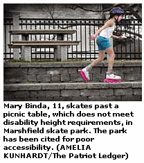 Photo: Mary Binda, 11, skates past a picnic table, which does not meet disability height requirements, in Marshfield skate park. The park has been cited for poor accessibility. (AMELIA KUNHARDT/The Patriot Ledger)