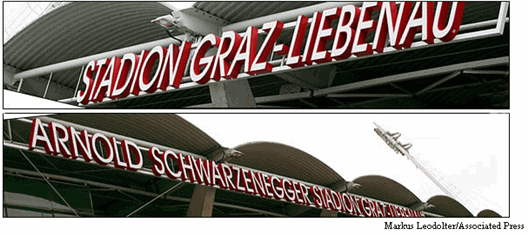 Photo: The stadium in Graz, Austria, now has a generic name (top). Its old name was taken down as a protest over the California governor's decision to allow the execution of an inmate.
