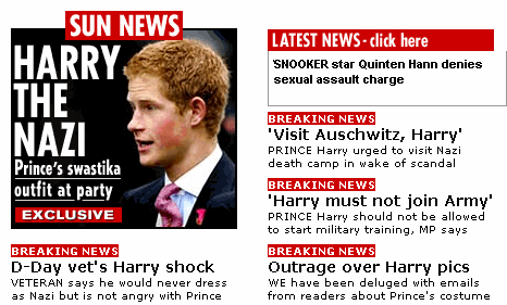 Sun newspaper reactions to Prince Harry Nazi costume flap