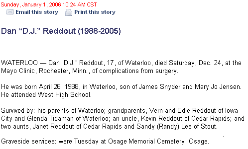Dan "D.J." Reddout obituary from Waterloo Courier