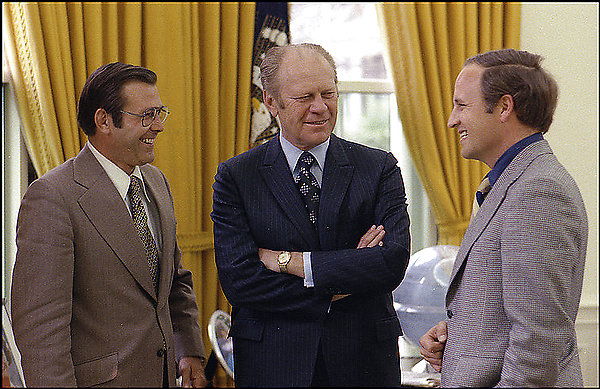 President Gerald Ford with Don Rumsfeld and Dick Cheney President Gerald R. Ford, center, with Chief of Staff Donald H. Rumsfeld, left, and Rumsfeld's assistant, Dick Cheney, on April 28, 1975. Photo Credit: By David Hume Kennerly -- Ford Library Via Associated Press Photo