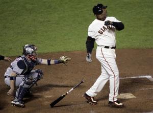 Barry Bonds 756th Home Run Photo San Francisco Giants Barry Bonds hits his 756th career home run in the fifth inning of their baseball game against the Washington Nationals in San Francisco, Tuesday, August 7, 2007.(AP Photo/Marcio Jose Sanchez)