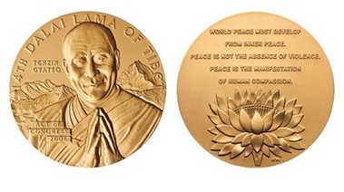 Dalai Lama Gold Medal Photo These images provided by the U.S. Mint shows the obverse (heads) and reverse (tails) sides of the Congressional Gold Medal that will be awarded to the Dalai Lama during a ceremony on Capitol Hill Wednesday, Oct. 17, 2007. The medal is designed and struck by the Mint individually to honor each specific recipient. (AP Photo/US Mint)