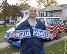 GET OSAMA Tag Banned in New York LIL2FAR: Retired NYPD Sgt. Arno Herwerth, in front of his "Kill Bin Laden"-mobile, says the DMV is "unpatriotic" for outlawing his plates.