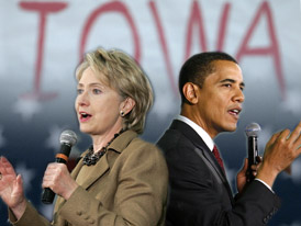 Hillary Clinton and Barack Obama Photo With the caucuses close, the one-time front-runner scrambles and the longtime underdog feels insurgent.
Photo: Composite image by Politico.com