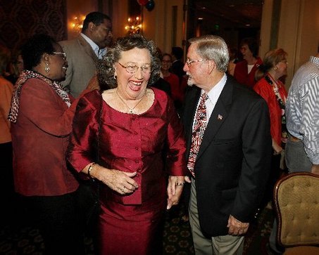 New Orleans Council Now Majority White STAFF PHOTO BY ELIOT KAMENITZA joyous Jackie Clarkson enters the grand ballroom at the Royal Sonesta Saturday night, escorted by her husband Arthur Buzz Clarkson, for an election night victory party.