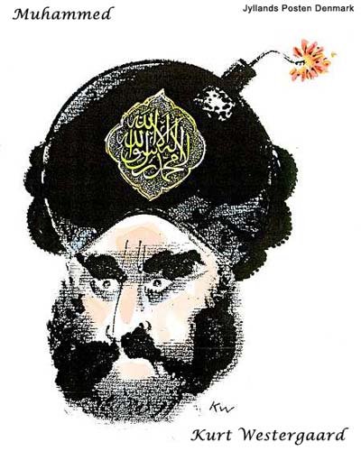 Danish Muslim Cartoon Kurt Westergaard 
Muhammad with a bomb in his turban, with a lit fuse and the Islamic creed written on the bomb
