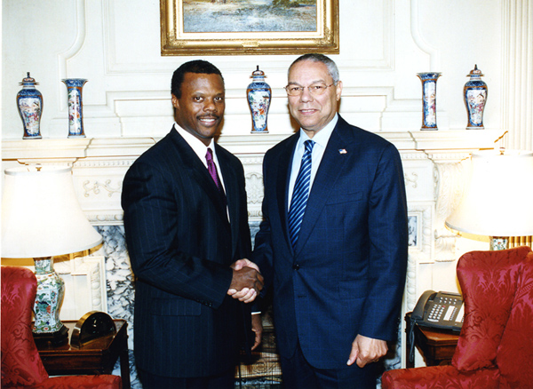 J.C. Watts and Colin Powell Photo (2003) Secretary Powell met with J. C. Watts, former Oklahoma Congressman, September 2 at the State Department. Mr. Watts will lead the U.S. delegation to the Conference on Racism, Xenophobia and Discrimination, hosted by the Organization for Security and Cooperation in Europe (OSCE) in Vienna, Austria, September 4-5. State Department Photo by Michael Gross