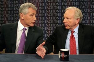 In this photo provided by CBS, Sen. Joseph Lieberman, D-Conn., listens to Sen. Chuck Hagel, R-Neb., left, on CBS's 