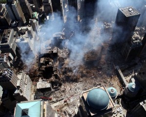Aerial view of World Trade Center after September 11 attacks