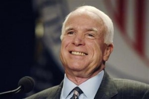 Republican presidential candidate Senator John McCain (R-AZ) smiles as he addresses a League of United Latin American Citizens conference in Washington, July 8, 2008. (Jonathan Ernst/Reuters)