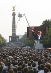 US Democratic presidential hopeful, Barack Obama, seen on large TV screens, makes a speech in front of the Victory Column in Berlin on July 24, 2008. Obama warned America could not quell violence in Afghanistan alone, and called on Europe for more troops and funding to defeat the Taliban and Al-Qaeda.   AFP PHOTO    DDP / SEBASTIAN WILLNOW   GERMANY OUT (Photo credit should read SEBASTIAN WILLNOW/AFP/Getty Images)