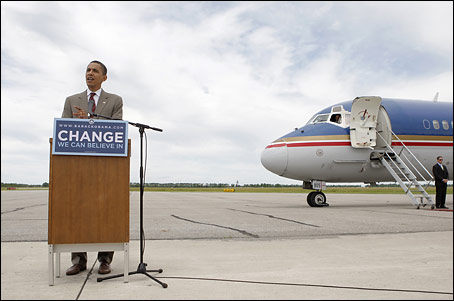 Sen. Barack Obama (D-Ill.) speaks during a news conference held at Hector International Airport in Fargo, N.D., July 3, 2008. (Associated Press)