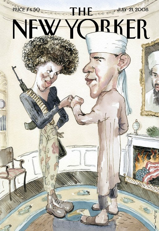 July 21, 2008 New Yorker:  Barack Obama as Muslim, Michelle Obama as Terrorist, Osama bin Laden over fireplace