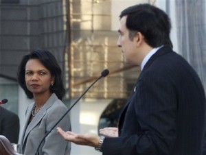 U.S. Secretary of State Condoleezza Rice, left, and Georgian President Mikhail Saakashvili seen at a news conference in Tbilisi, Georgia, Friday, Aug. 15, 2008. Georgia's president signed an cease-fire deal Friday with Russia meant to end fighting that has battered his country, and U.S. Secretary of State Condoleezza Rice said Russian troops should pull out of Georgia 'now.' (AP Photo/Georgy Abdaladze)