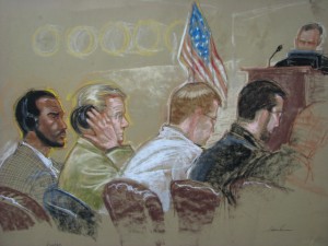 Salim Ahmed Hamdan, pictured at far left in this courtroom sketch from June 2007, was charged wih conspiracy and providing material support to terrorists in a military tribunal, held Dec. 5, at Guantanamo Bay. U.S. authorities stipulate that Hamdan was Osama Bin Laden's driver and also actively involved in terrorist activities. Joint Task Force Guantanamo conducts safe and humane care and custody of detained enemy combatants. The JTF conducts interrogation operations to collect strategic intelligence in support of the Global War on Terror and supports law enforcement and war crimes investigations. JTF Guantanamo is committed to the safety and security of American service members and civilians working inside its detention facilities.