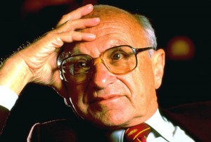 Nobel prize-winning economist Milton Friedman sitting w. his hand to his forehead.  (Photo by Chuck Nacke//Time Life Pictures/Getty Images) Circa 1989