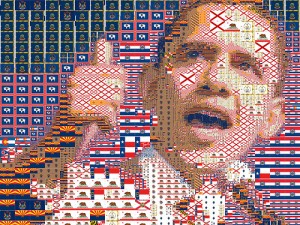 Experimental mosaic portrait of Senator Barack Obama made out of American State flags. Original photo taken by BarackObamaDotCom Flickr photo stream and could be seen here.