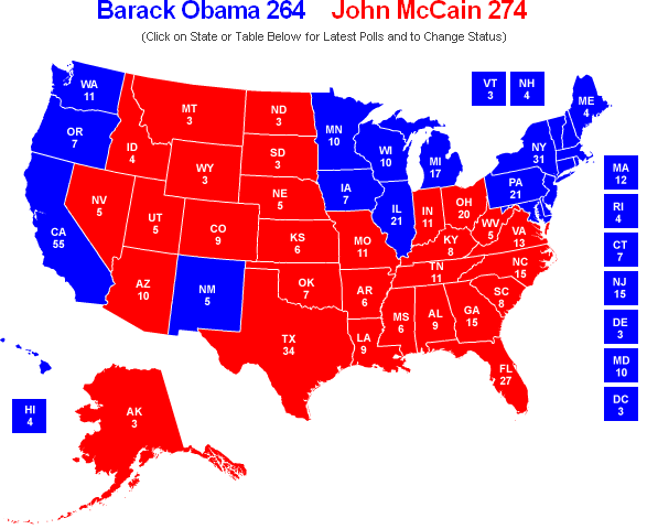 McCain 274 Obama 264  RealClearPolitics 20 AUG 08