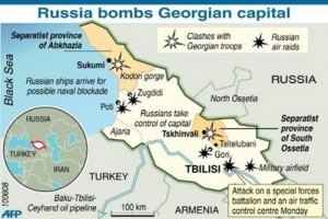 Map showing the latest situation in Georgia. Dozens of Russian warplanes staged new raids in Georgia which in turn pounded the Russian-controlled capital of breakaway South Ossetia, the two sides said, as European leaders intensified efforts to head off all-out war. (AFP Graphic)