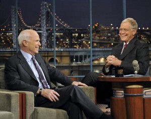 U.S. Republican presidential nominee Sen. John McCain (R-AZ) speaks to host David Letterman (R) during an appearance on "Late Show with David Letterman" in New York October 16, 2008. 