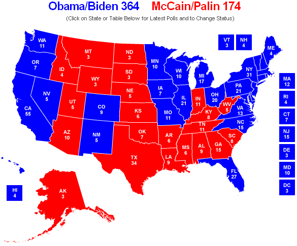 Electoral College Projection Obama 364 McCain 174