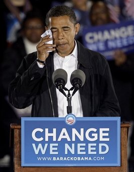 Democratic presidential candidate Sen. Barack Obama, D-Ill. wipes a tear as he talks about his grandmother, Madelyn Payne Dunham, at a rally in Charlotte, N.C., Monday, Nov. 3, 2008. Obama's grandmother, who helped raise him, died peaceably in her sleep Obama announced Monday, one day before the election. She was 86.  (AP Photo/Chuck Burton)