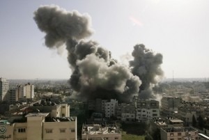 Smoke rises over the main Hamas security complex following an Israel air strike in Gaza December 28, 2008. Israel launched air strikes on Gaza for a second successive day on Sunday, piling pressure on Hamas after 229 people were killed in one of the bloodiest 24 hours for Palestinians in 60 years of conflict with the Jewish state. 
