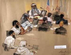In this photo of a sketch by courtroom artist Janet Hamlin, reviewed by the U.S. Military, the five Sept. 11, 2001 attack co-defendants sit during a hearing at the U.S. Military Commissions court for war crimes, at the U.S. Naval Base, in Guantanamo Bay, January 19, 2009. From top to bottom, they are Khalid Sheikh Momhammed, Waleed Bin Attash, Ramzi Binalshibh, Ali Abdul Aziz Ali, and Mustafa Ahmad al Hawsawi. (Janet Hamlin/Pool/Reuters)