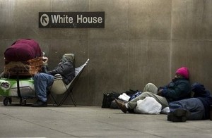 Homeless men settling in for the evening at a subway stop near the White House in 2007. Washington's army of homeless are being cleared from the center of the US capital ahead of the historic inauguration of Barack Obama. (AFP/File/Paul J. Richards)