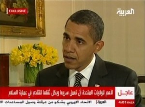 In an image made from a video provided by Al-Arabiya, President Barack Obama is interviewed in Washington by Dubai-based Al-Arabiya cable network Monday Jan. 26, 2009.  It was the Obama's first formal television interview as president given to an Arabic cable TV network. (AP Photo/Al-Arabiya)
